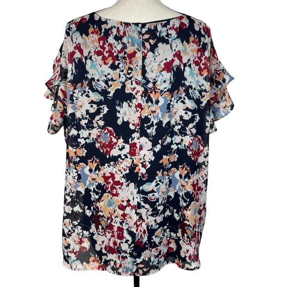 Lane Bryant SZ 18 Top Abstract Floral Lined V-Neck Ruffled Flutter Sleeves Multi - Picture 6 of 10